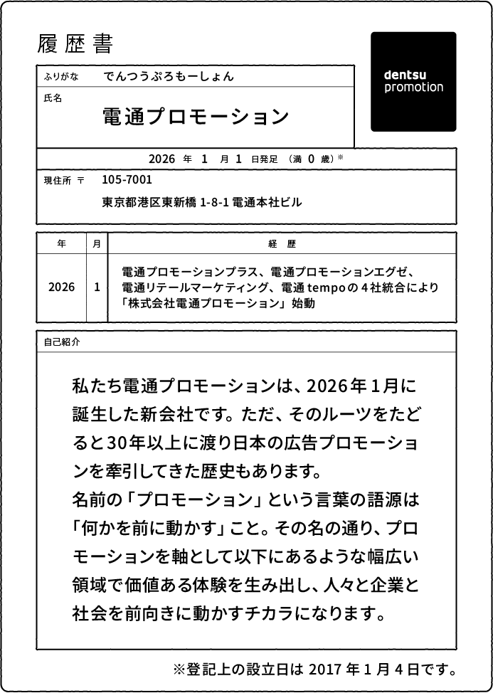 履歴書 ふりがな でんつうぷろもーしょん 氏名 電通プロモーション 2026年1月1日生(満0歳)※ 現住所 105-7001 東京都港区東新橋1-8-1電通本社ビル 経歴 2026年1月 電通プロモーションプラス、電通プロモーションエグゼ、電通リテールマーケティング、電通tempoの4社統合により「株式会社電通プロモーション」始動 自己紹介 私たち電通プロモーションは、2026年1月に誕生した新会社です。ただ、そのルーツをたどると30年以上に渡り日本の広告プロモーションを牽引してきた歴史もあります。名前の「プロモーション」という言葉の語源は「何かを前に動かす」こと。その名の通り、プロモーションを軸として以下にあるような幅広い領域で価値ある体験を生み出し、人々と企業と社会を前向きに動かすチカラになります。 ※登記上の設立日は2017年1月4日です。